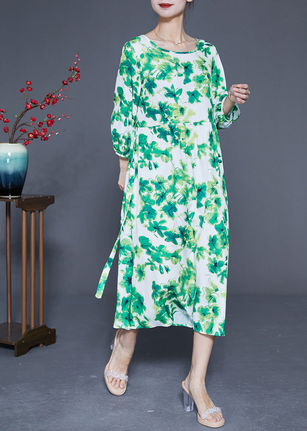 Green O-neck Oversized Print Silk Vacation Dresses Bracelet Sleeve