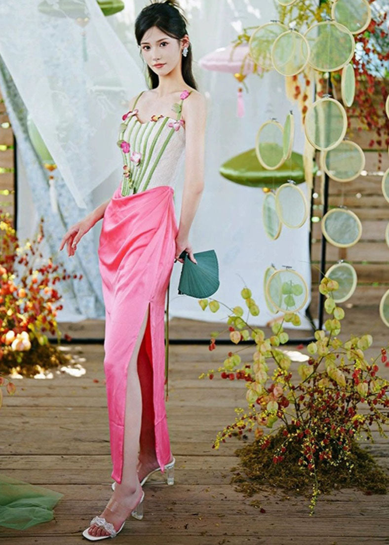 French Pink Patchwork Wrinkled Side Open Slip Dress Sleeveless