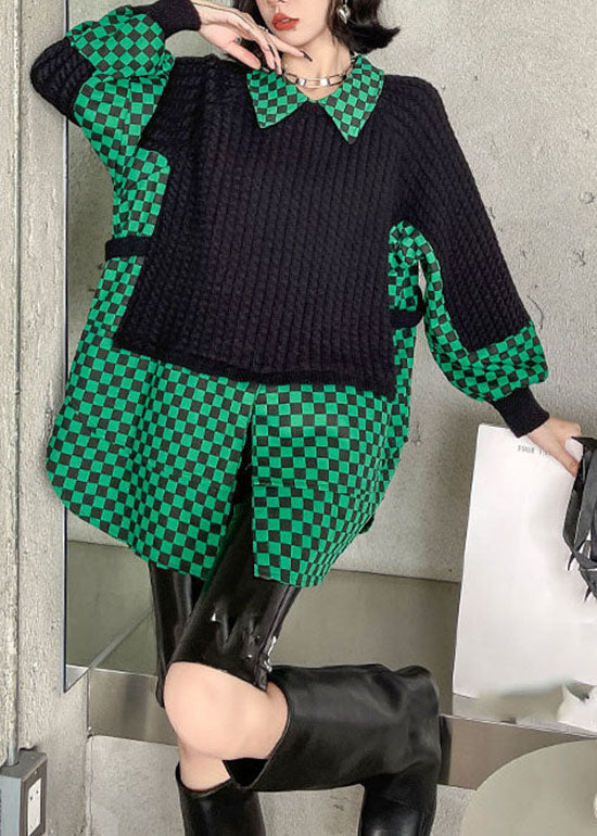 Green Peter Pan Collar Plaid Patchwork Knit Pullover Spring