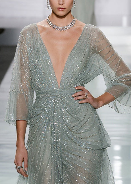 Green Sequins Side Open Tulle Long Dress Summer