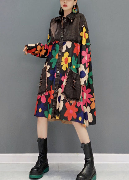 Black Oversized Patchwork Print Cotton Denim Dress Spring