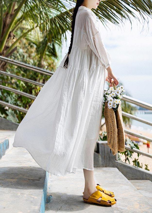 White Peter Pan Collar Button Vacation Summer Linen Dress