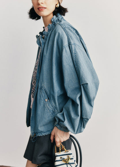 Blue Zip Up Ruffled Pockets Denim Jackets Fall