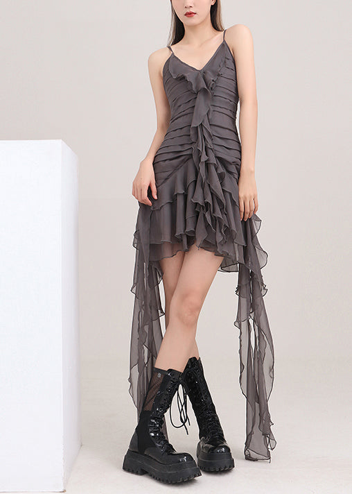Diy Grey V Neck Asymmetrical Design Chiffon Sundress Sleeveless