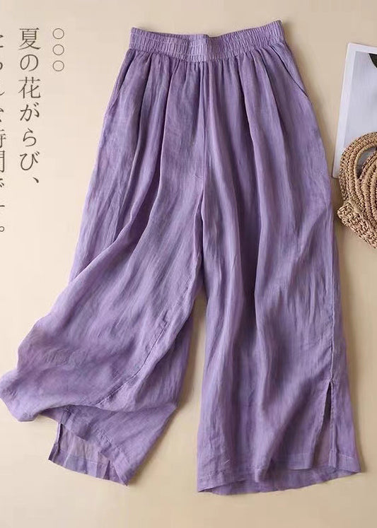 Lavender Elastic Waist Side Open Linen Straight Pants Summer