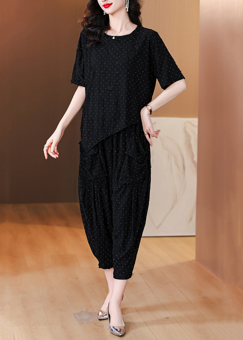 Loose Grey O Neck Zircon Pockets Cotton Two Pieces Set Summer