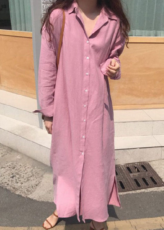 Classy Pink Button Side Open Cotton Shirt Long Dress Spring