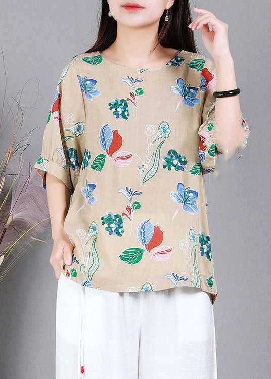 Apricot Print Cotton Original Design Shirts O-neck Half Sleeve