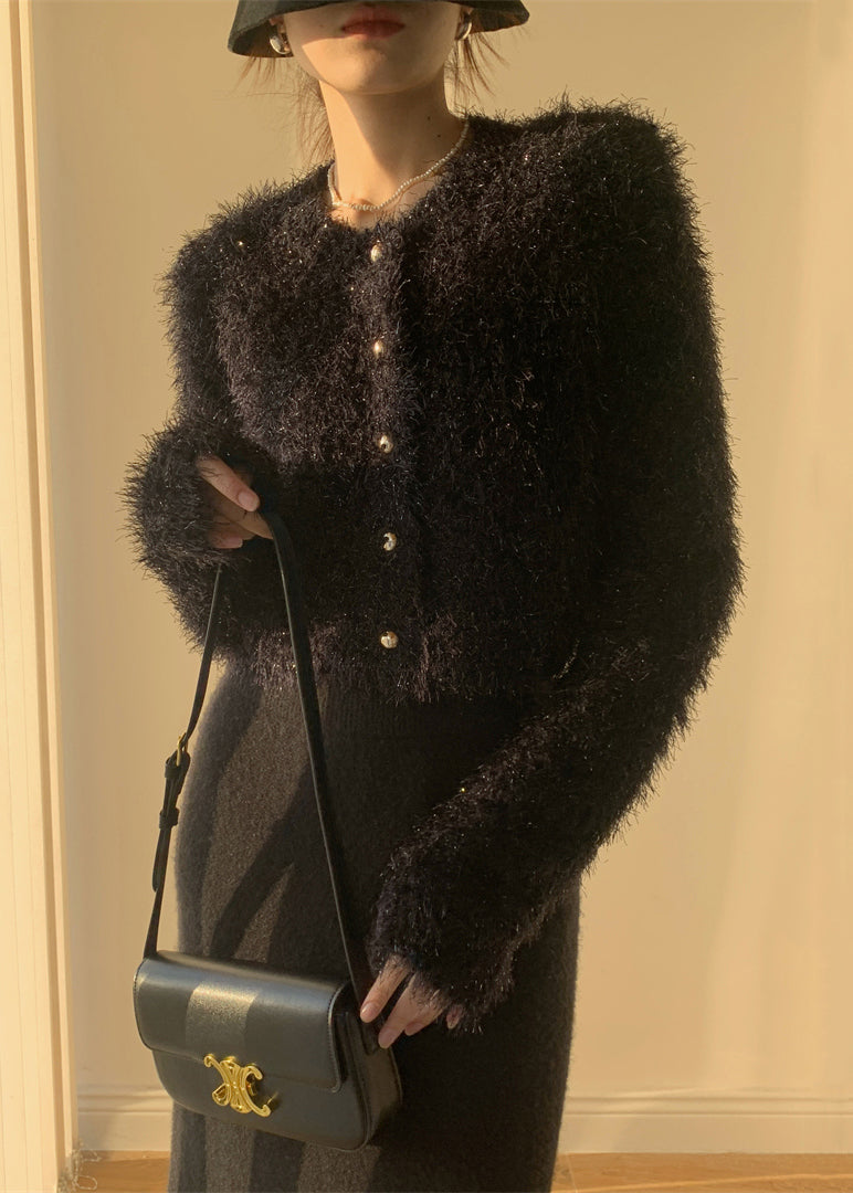 Black Fluffy Knit Cardigan O-neck Winter