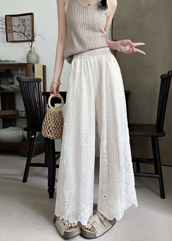 White Embroidered Hollow Out Cotton Pants Summer
