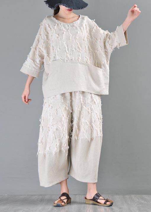 Natural Beige Patchwork Asymmetrical Design Cotton Linen Wide Leg Summer Pants