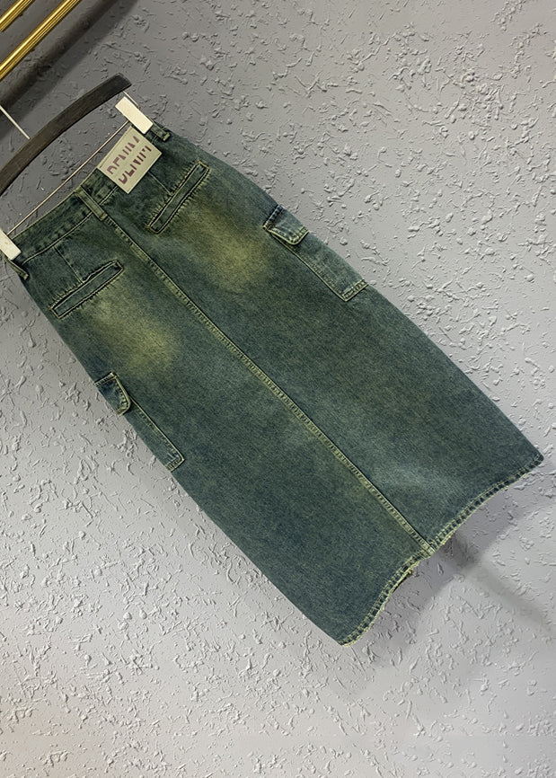 Style Blue Front Open Pockets Patchwork Denim Skirts Spring