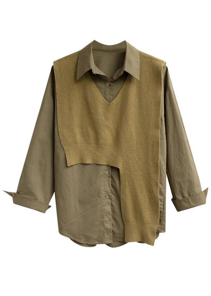 Chocolate Asymmetrical Design Knit Vest Contton Shirts Two Pieces Set Fall