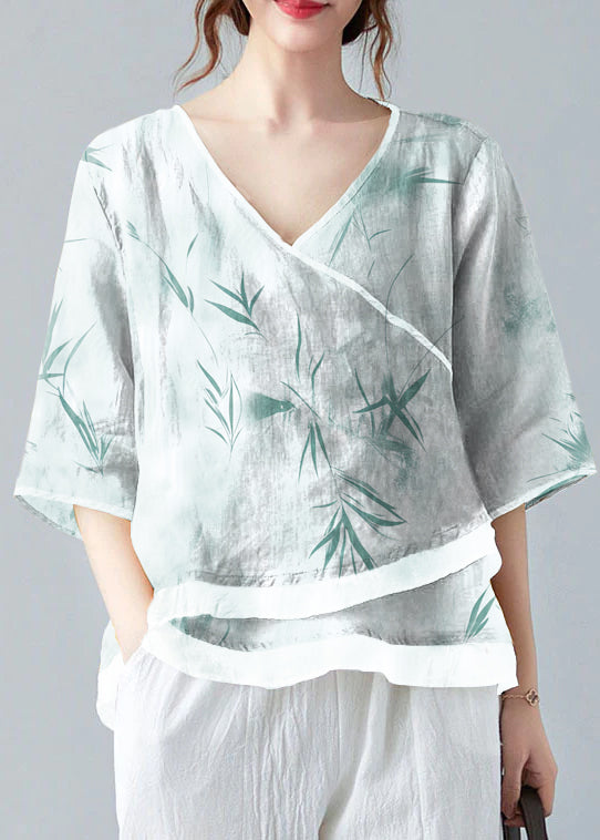 French White Bamboo V Neck Asymmetrical Design Shirt Spring