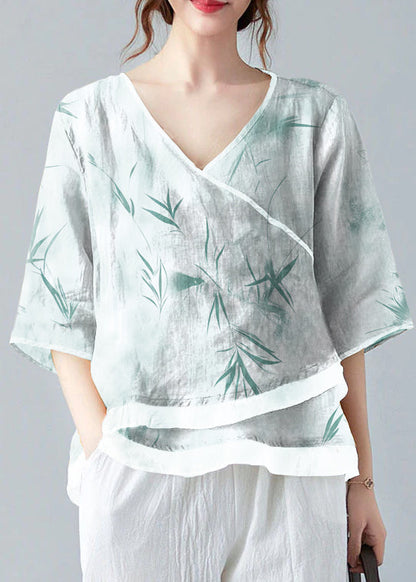 French White Bamboo V Neck Asymmetrical Design Shirt Spring