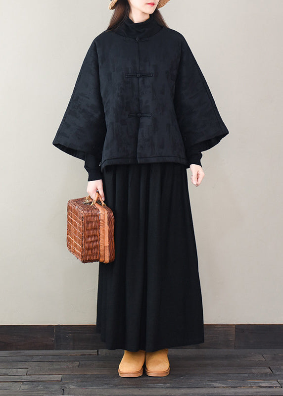 Black Oversized Jacquard Fine Cotton Filled Puffer Jacket Winter