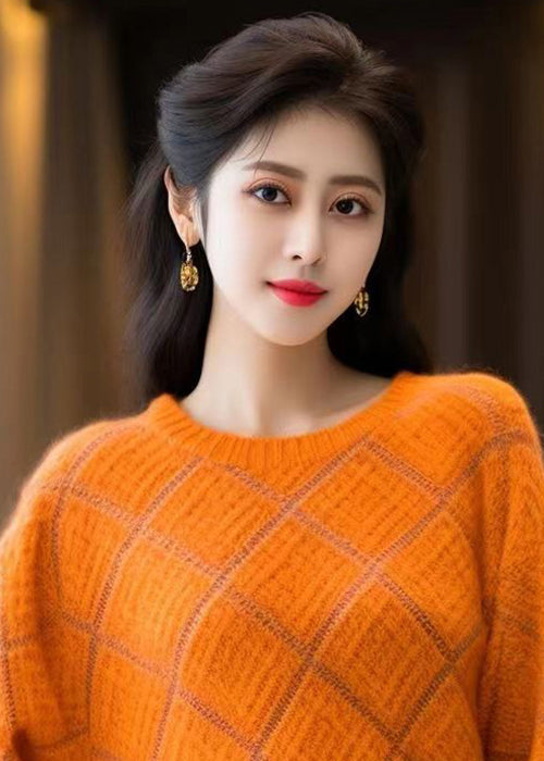 Orange O Neck Patchwork Cozy Cotton Knit Sweaters Winter