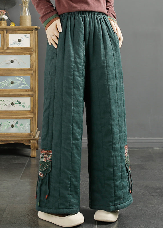 Red Embroideried Pockets Fine Cotton Filled Wide Leg Pants Winter