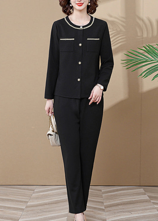Black Pockets Patchwork Cardigans and Wide Leg Pants Two Pieces Set Long Sleeve