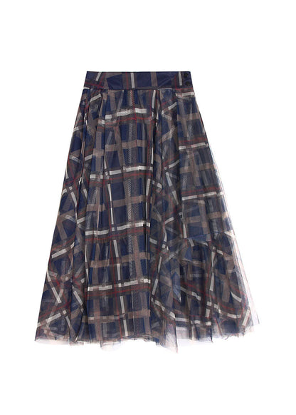 Art Blue Plaid Patchwork Tulle Cirlce Skirt Spring
