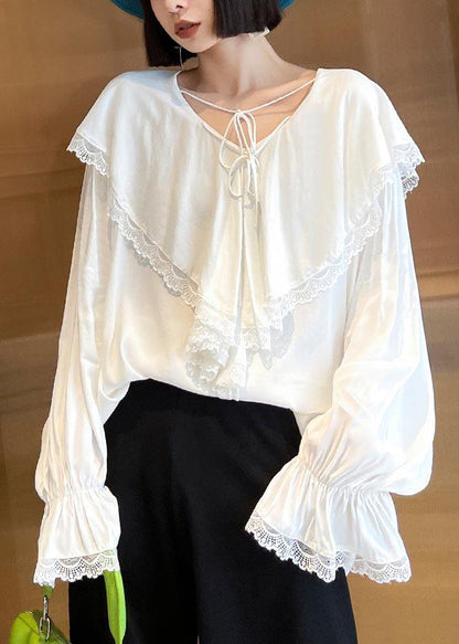 French White V Neck Patchwork Cotton Flare Sleeve Shirt Top Spring