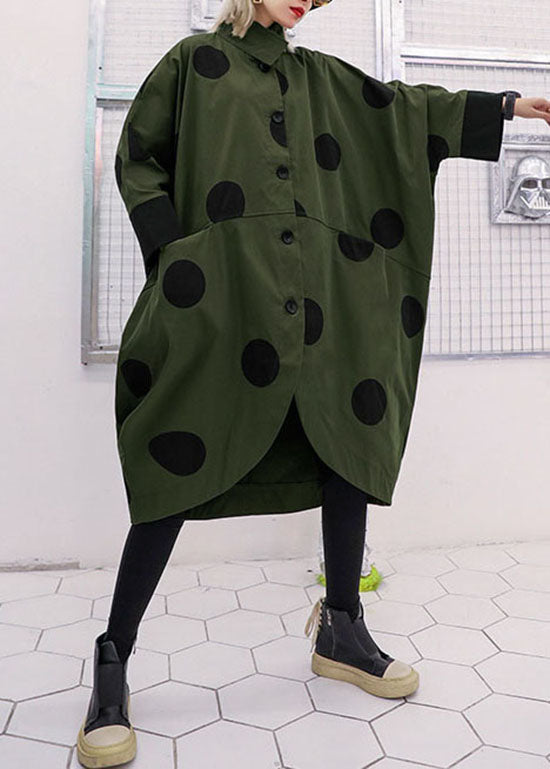 Loose Army Green Asymmetrical Design Peter Pan Collar Dot Print Trench Coats Spring