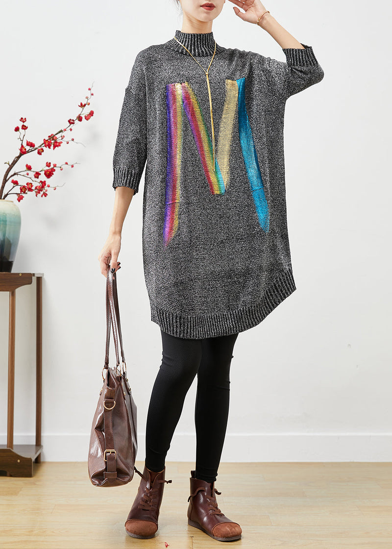 Grey Stand Collar Sequins Knit Sweater Dress Half Sleeve
