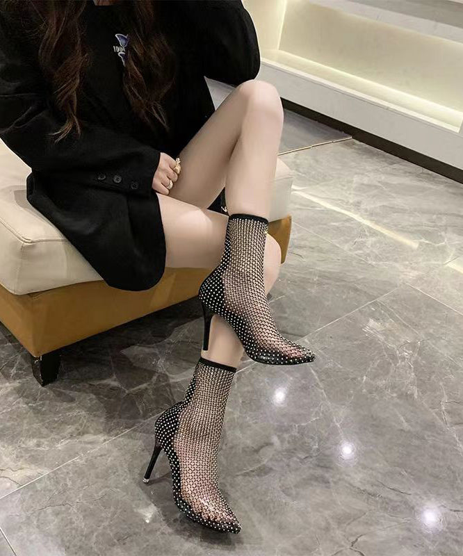 Splicing Zircon Stiletto Boots Black Hollow Out Breathable