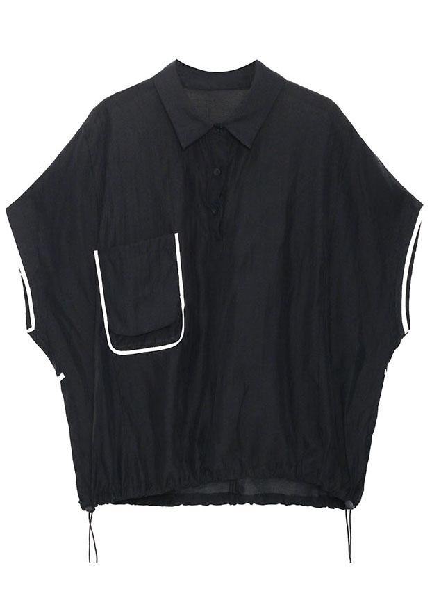 Black Pockets Peter Pan Collar Button Cotton Top Summer