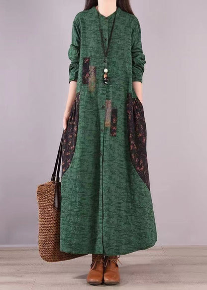Green Stand Collar Print Patchwork Cotton Shirts Dresses Fall