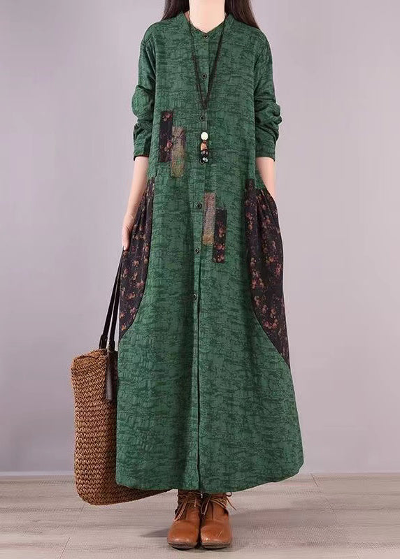 Green Stand Collar Print Patchwork Cotton Shirts Dresses Fall