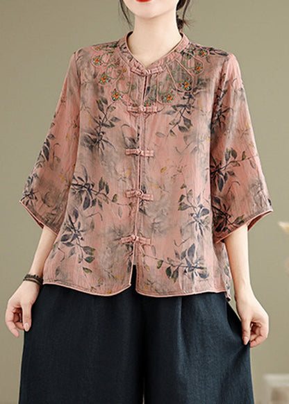 Handmade Pink O-neck Print Embroidered Button Top Half Sleeve