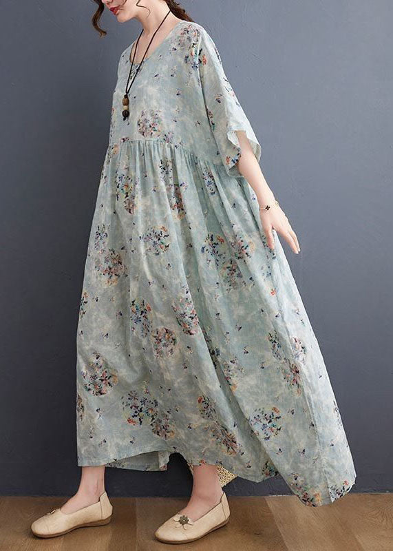 Style Light Blue Oversized Print Exra Large Hem Cotton a Line Dress Summer