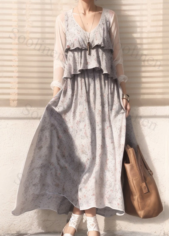 Apricot Print False Two Pieces Cotton Maxi Dresses Long Sleeve