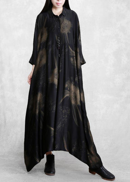 Natural Black Print Dresses Lapel Asymmetric Spring Dresses