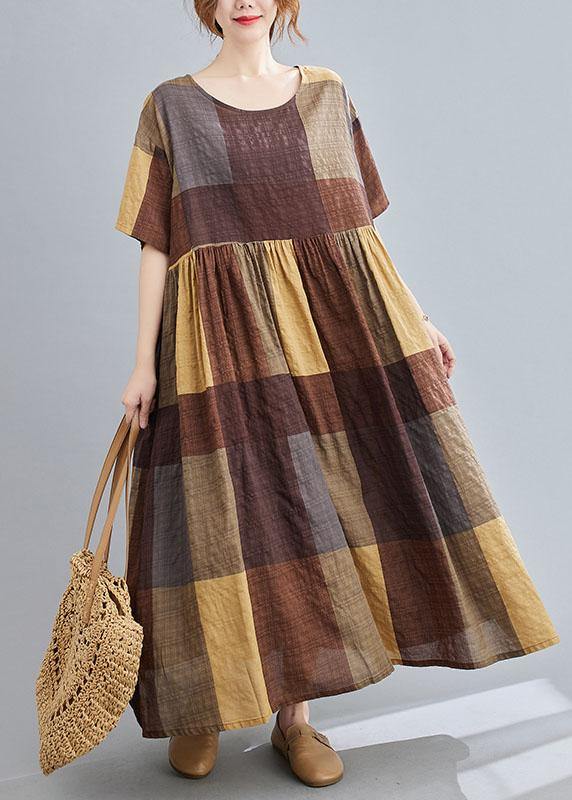 French Khaki Plaid Patchwork Summer Half Sleeve Holiday Dress