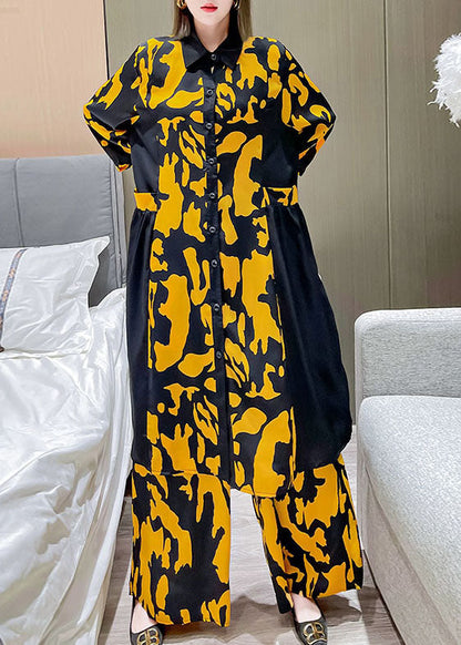 Yellow Peter Pan Collar Patchwork Silk Shirt Wide Leg Pants Two Pieces Set Spring