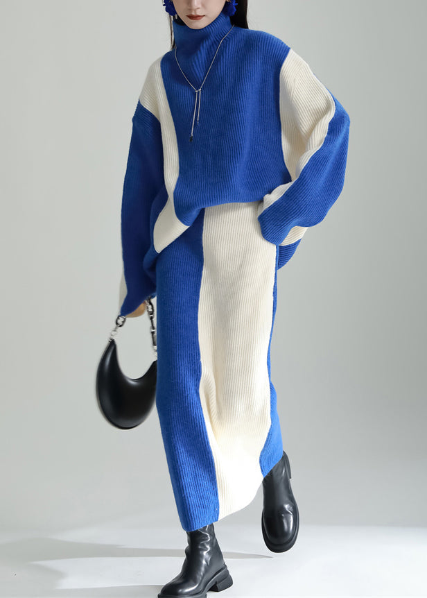 Boutique Blue Hign Neck Knit Tops and Skirts Two Pieces Set Winter