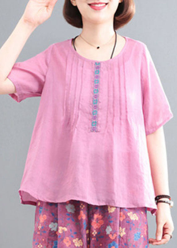 Pink Linen Tops and Pants Two Pieces Set Wrinkled Embroideried Short Sleeve