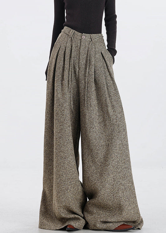 Khaki Pockets High Waist Woolen Pants Fall