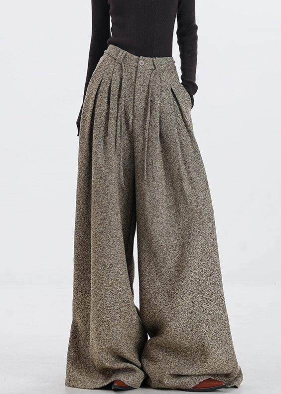 Khaki Pockets High Waist Woolen Pants Fall