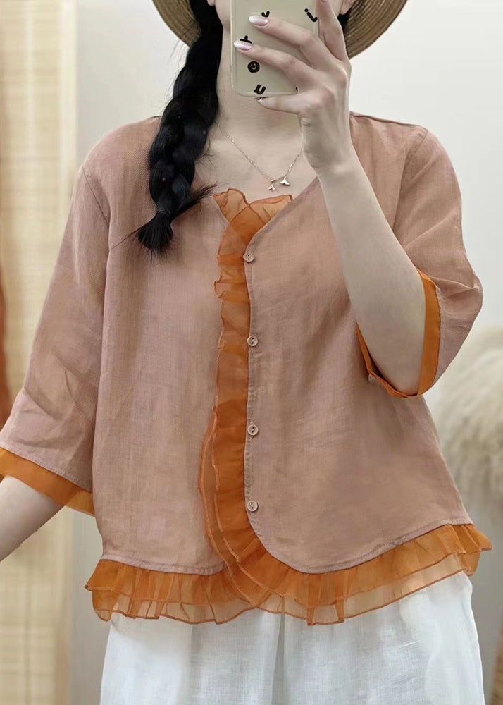 Blackish Green V Neck Organza Patchwork Button Ramie Shirt Fall