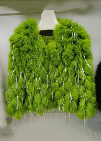 Green Tasseled Original Design Leather and Fur Coats Spring