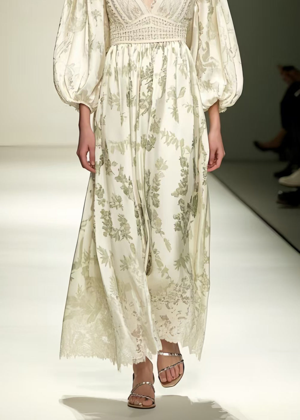 Fitted Beige V Neck Print Silk Vacation Dresses Lantern Sleeve Summer