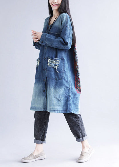 Blue V Neck Ripped Pockets Print Cotton Denim Trench Spring