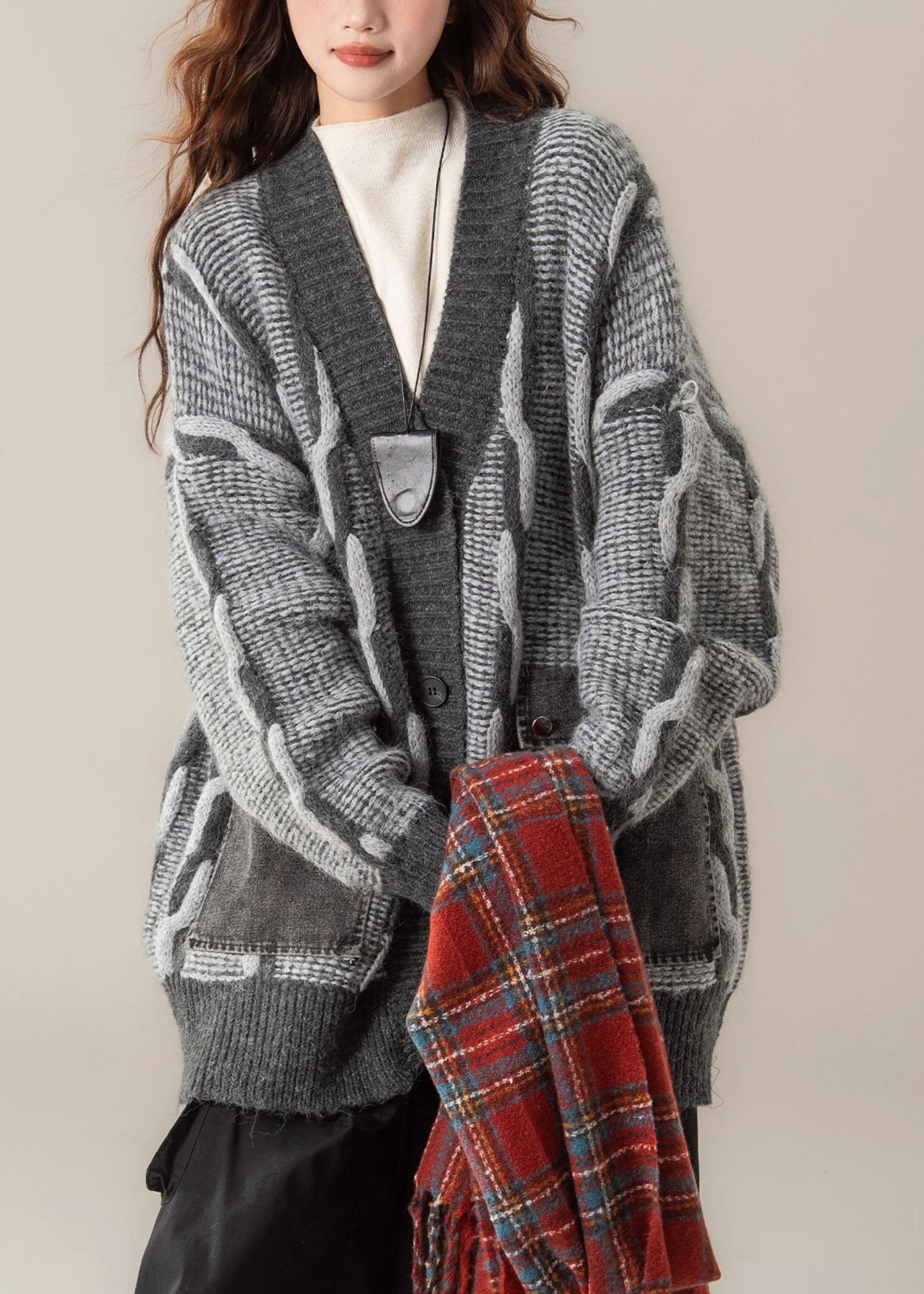 Grey V Neck Pockets Patchwork Knit Coats Spring