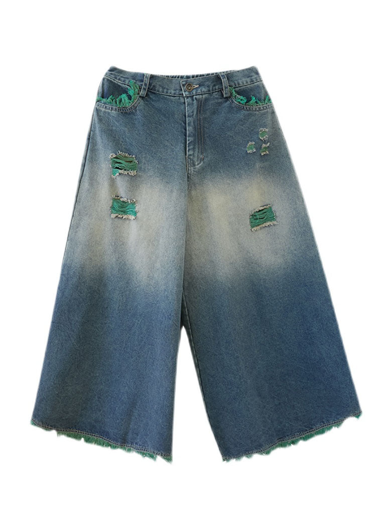 Blue High Waist Hole Pockets Tassel Cotton Denim Wide Leg Pants Spring