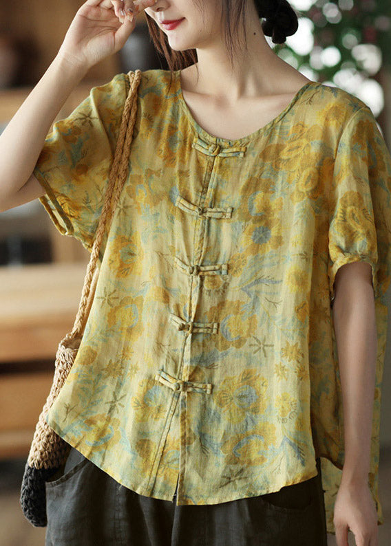 Yellow O-neck Button Linen Short Sleeve