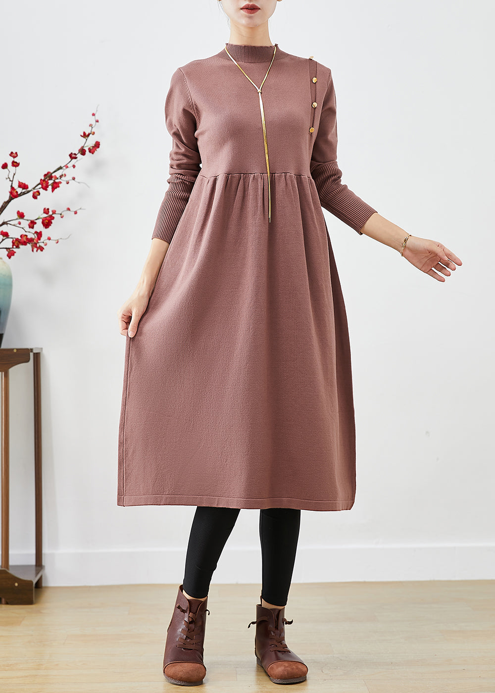 Brown Stand Collar Patchwork Button Knit Long Dress Fall
