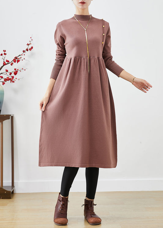 Brown Stand Collar Patchwork Button Knit Long Dress Fall